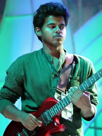 Playing electric guitar on stage
